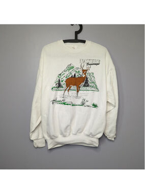 Vintage 90s Deer Mountain Nature Sauvage Graphic Crewneck Sweatshirt White XL